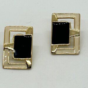 Vintage Geometric Earrings Black Cream Enamel Gold Tone Rectangular Made In USA